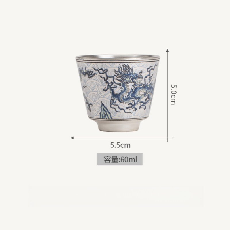 2 Fl Oz/60 Ml Small Silver Gilded Inner Dragon Pattern Chinese Bone China Tea Cup 2 Fl Oz/60 Ml Small Silver Gilded Inner Dragon Pattern Chinese Bone China Tea Cup