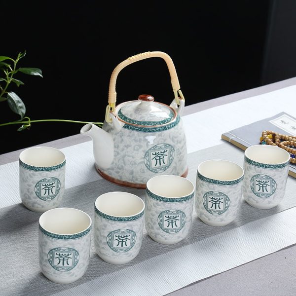 30.4 Fl Oz/900 Ml Vintage Porcelain Chinese Teapot With Bamboo Handle Set