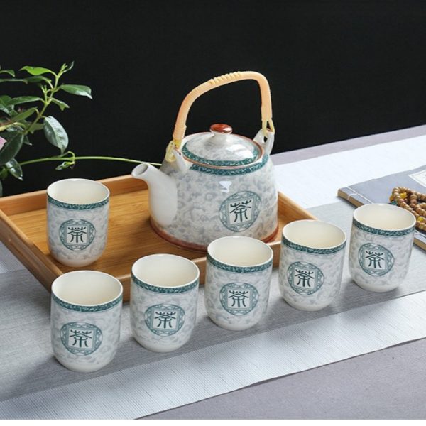 30.4 Fl Oz/900 Ml Vintage Porcelain Chinese Teapot With Bamboo Handle Set