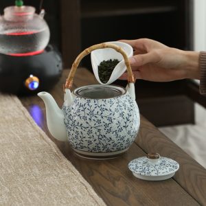 33.8 Fl Oz/1000 Ml Blue And Pink Flower Vintage Chinese Teapot With Bamboo Handle