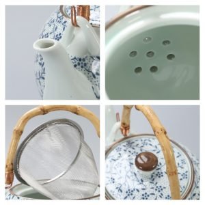 33.8 Fl Oz/1000 Ml Blue And Pink Flower Vintage Chinese Teapot With Bamboo Handle