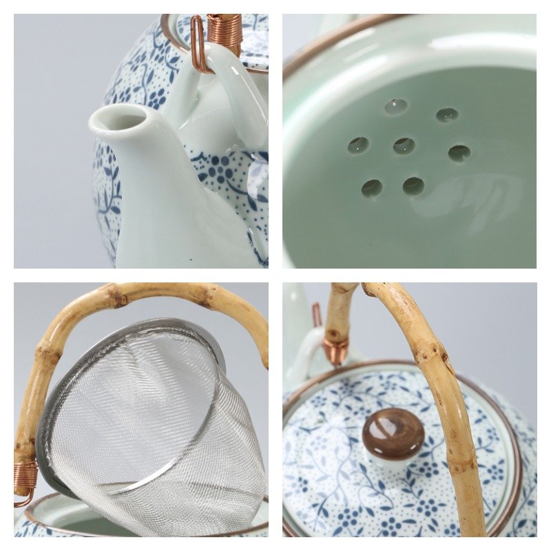 33.8 Fl Oz/1000 Ml Blue And Pink Flower Vintage Chinese Teapot With Bamboo Handle 33.8 Fl Oz/1000 Ml Blue And Pink Flower Vintage Chinese Teapot With Bamboo Handle