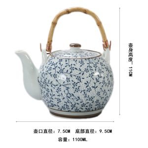 33.8 Fl Oz/1000 Ml Blue And Pink Flower Vintage Chinese Teapot With Bamboo Handle