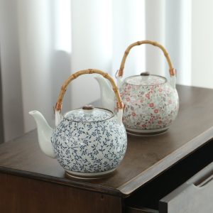33.8 Fl Oz/1000 Ml Blue And Pink Flower Vintage Chinese Teapot With Bamboo Handle