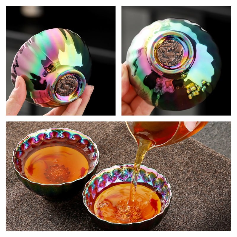 4.4 Fl Oz/130 Ml Peacock And Lotus Golden Gilded Jian Zhan Ceramic Teacups 4.4 Fl Oz/130 Ml Peacock And Lotus Golden Gilded Jian Zhan Ceramic Teacups