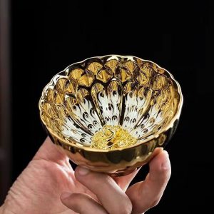 4.4 Fl Oz/130 Ml Peacock And Lotus Golden Gilded Jian Zhan Ceramic Teacups