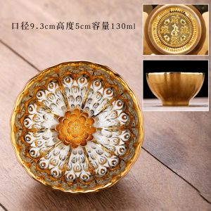 4.4 Fl Oz/130 Ml Peacock And Lotus Golden Gilded Jian Zhan Ceramic Teacups