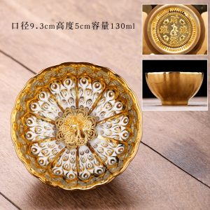 4.4 Fl Oz/130 Ml Peacock And Lotus Golden Gilded Jian Zhan Ceramic Teacups