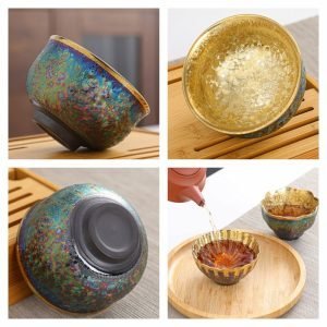 4.4 Fl Oz/130 Ml Peacock And Lotus Golden Gilded Jian Zhan Ceramic Teacups
