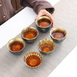 4.4 Fl Oz/130 Ml Peacock And Lotus Golden Gilded Jian Zhan Ceramic Teacups