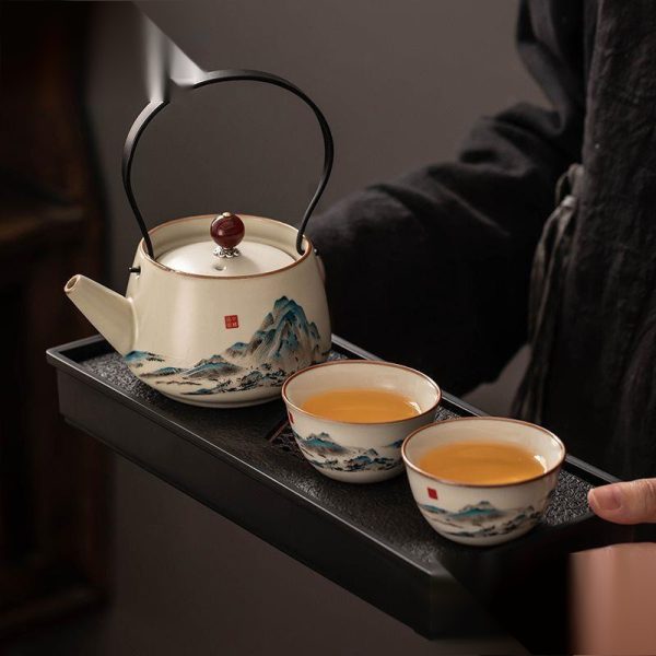 6.1 Fl Oz/180 Ml Hand Painted Green Mountain Chinese Ceramic Teapot And Cup Set