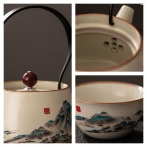 6.1 Fl Oz/180 Ml Hand Painted Green Mountain Chinese Ceramic Teapot And Cup Set