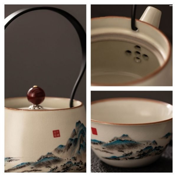 6.1 Fl Oz/180 Ml Hand Painted Green Mountain Chinese Ceramic Teapot And Cup Set