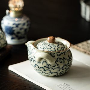 33.8 Fl Oz/1000 Ml Blue And Pink Flower Vintage Chinese Teapot With Bamboo Handle