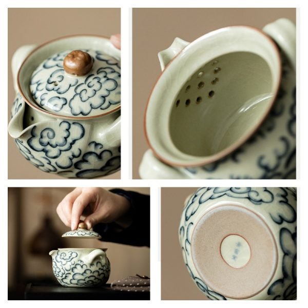 33.8 Fl Oz/1000 Ml Blue And Pink Flower Vintage Chinese Teapot With Bamboo Handle