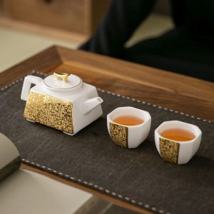 6.8 Fl Oz/200 Ml Luxurious Gold Gilded White Porcelain Chinese Square Teapot Set