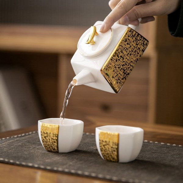 6.8 Fl Oz/200 Ml Luxurious Gold Gilded White Porcelain Chinese Square Teapot Set