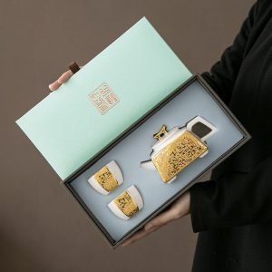 6.8 Fl Oz/200 Ml Luxurious Gold Gilded White Porcelain Chinese Square Teapot Set