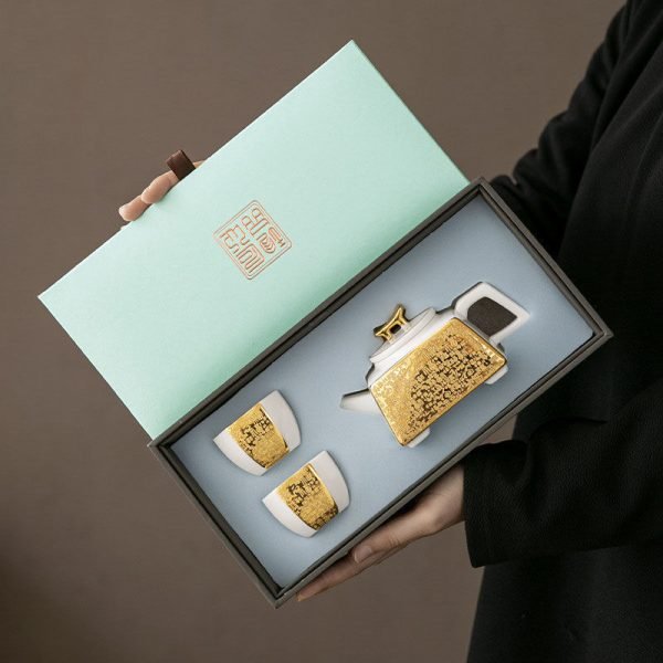 6.8 Fl Oz/200 Ml Luxurious Gold Gilded White Porcelain Chinese Square Teapot Set