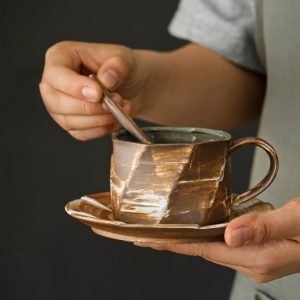 7.3 Fl Oz/215 Ml Japanese Rough Pottery Coffee Teacup And Saucer Set