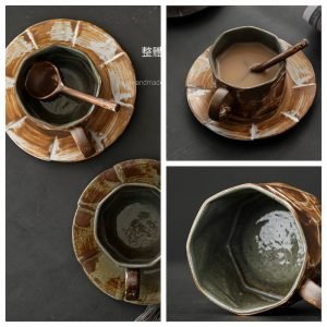 7.3 Fl Oz/215 Ml Japanese Rough Pottery Coffee Teacup And Saucer Set