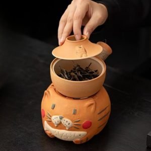 7.4 Fl Oz Creative Cute Cat Orange Ceramic Teapot With Candle Warmer