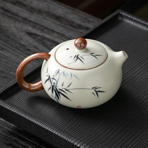 33.8 Fl Oz/1000 Ml Blue And Pink Flower Vintage Chinese Teapot With Bamboo Handle