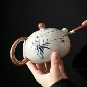 33.8 Fl Oz/1000 Ml Blue And Pink Flower Vintage Chinese Teapot With Bamboo Handle