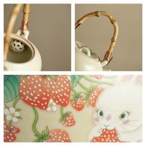 7.8 Fl Oz/230 Ml Rabbit Strawberry Ru Kiln Antique Chinese Porcelain Teapot Set