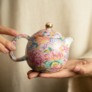 33.8 Fl Oz/1000 Ml Blue And Pink Flower Vintage Chinese Teapot With Bamboo Handle
