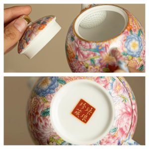 33.8 Fl Oz/1000 Ml Blue And Pink Flower Vintage Chinese Teapot With Bamboo Handle