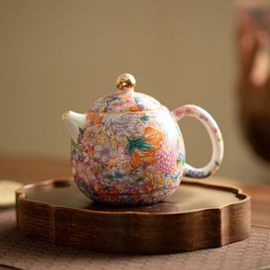 33.8 Fl Oz/1000 Ml Blue And Pink Flower Vintage Chinese Teapot With Bamboo Handle