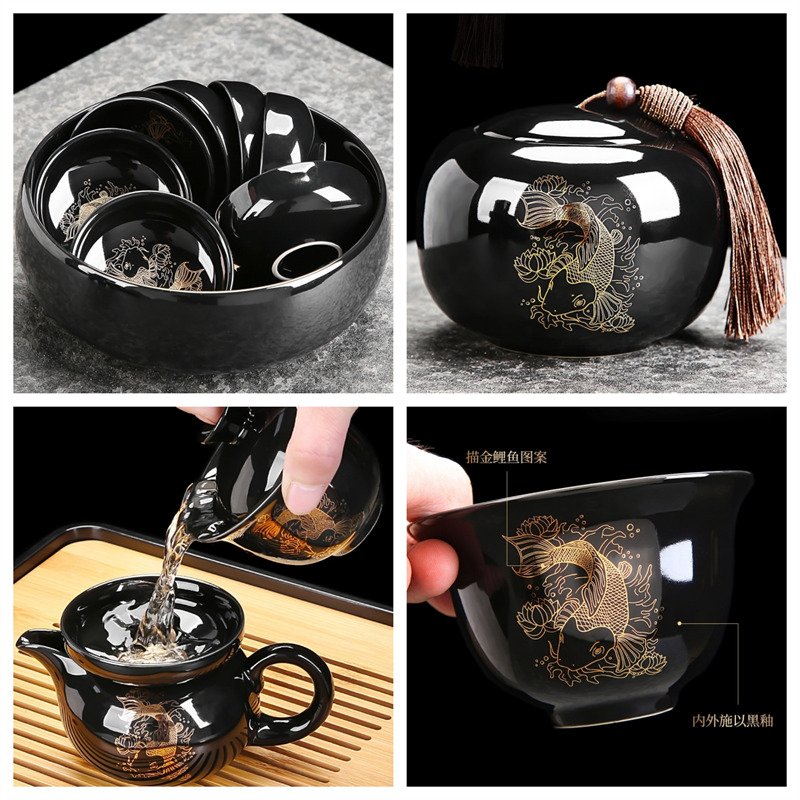 Antique Black Glaze Goldfish Porcelain Traditional Chinese Tea Ceremony Set Antique Black Glaze Goldfish Porcelain Traditional Chinese Tea Ceremony Set