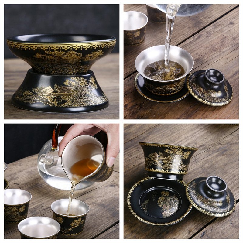 Antique Garden Pattern Porcelain Chinese Export Tea Set With Lnner Sterling Silver Antique Garden Pattern Porcelain Chinese Export Tea Set With Lnner Sterling Silver
