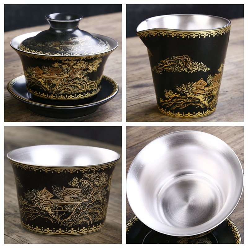 Antique Garden Pattern Porcelain Chinese Export Tea Set With Lnner Sterling Silver Antique Garden Pattern Porcelain Chinese Export Tea Set With Lnner Sterling Silver