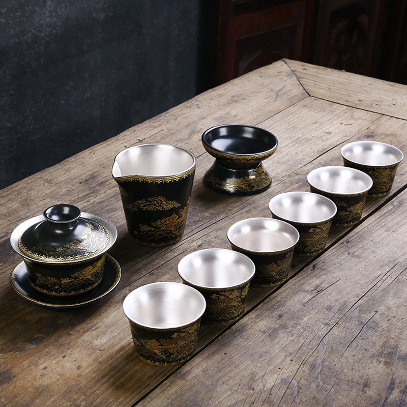 Antique Garden Pattern Porcelain Chinese Export Tea Set With Lnner Sterling Silver Antique Garden Pattern Porcelain Chinese Export Tea Set With Lnner Sterling Silver