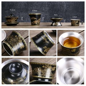 Antique Garden Pattern Porcelain Chinese Export Tea Set With Lnner Sterling Silver