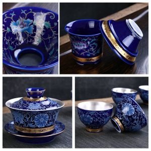 Antique Blue Glaze Flower Branches Entangled Sterling Silver Inner Chinese Export Tea Set