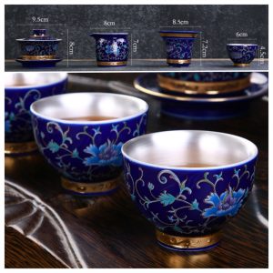 Antique Blue Glaze Flower Branches Entangled Sterling Silver Inner Chinese Export Tea Set