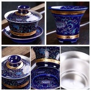 Antique Blue Glaze Flower Branches Entangled Sterling Silver Inner Chinese Export Tea Set