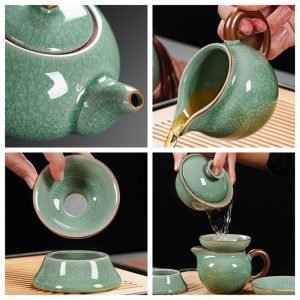Antique Green Cracked Ice Porcelain Dragon Handle Chinese Ceremonial Tea Set