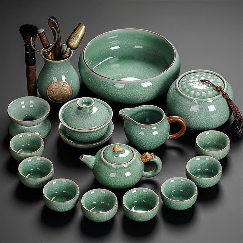 Antique Green Cracked Ice Porcelain Dragon Handle Chinese Ceremonial Tea Set Antique Green Cracked Ice Porcelain Dragon Handle Chinese Ceremonial Tea Set