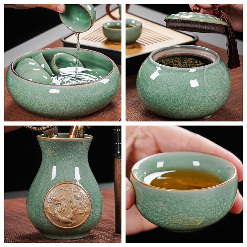 Antique Green Cracked Ice Porcelain Dragon Handle Chinese Ceremonial Tea Set Antique Green Cracked Ice Porcelain Dragon Handle Chinese Ceremonial Tea Set