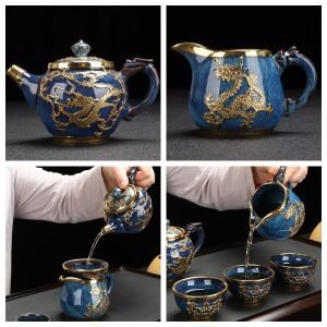 Blue Glaze Porcelain Inlaid With Gold Dragon Traditional Chinese Ceremony Tea Set