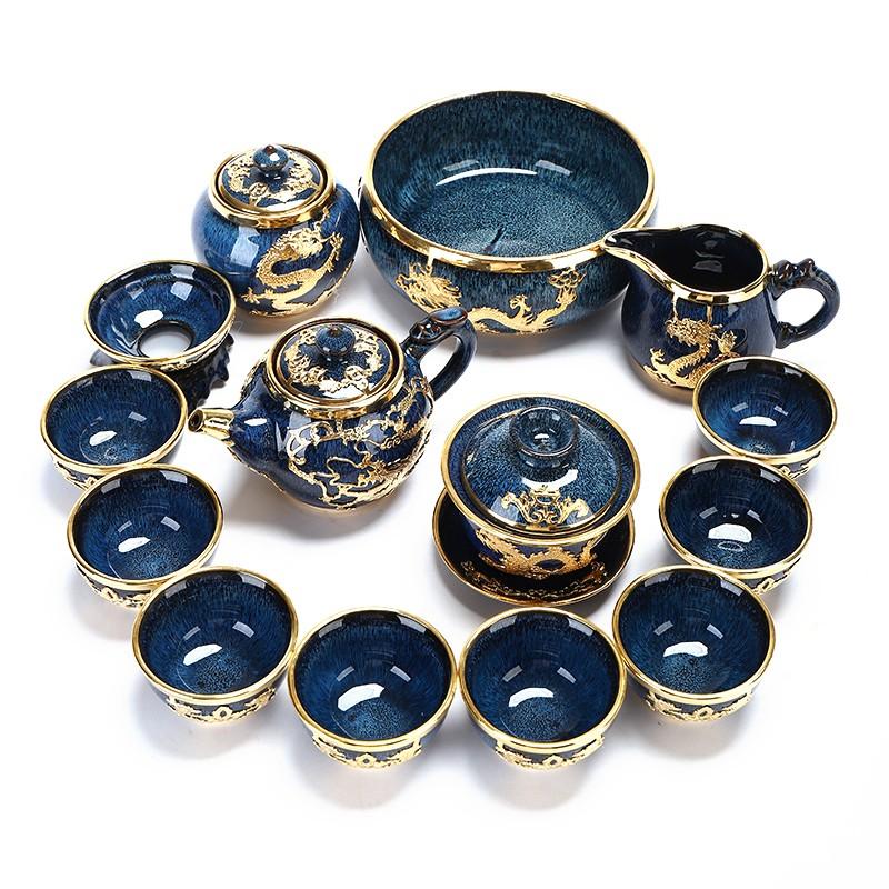 Blue Glaze Porcelain Inlaid With Gold Dragon Traditional Chinese Ceremony Tea Set Blue Glaze Porcelain Inlaid With Gold Dragon Traditional Chinese Ceremony Tea Set