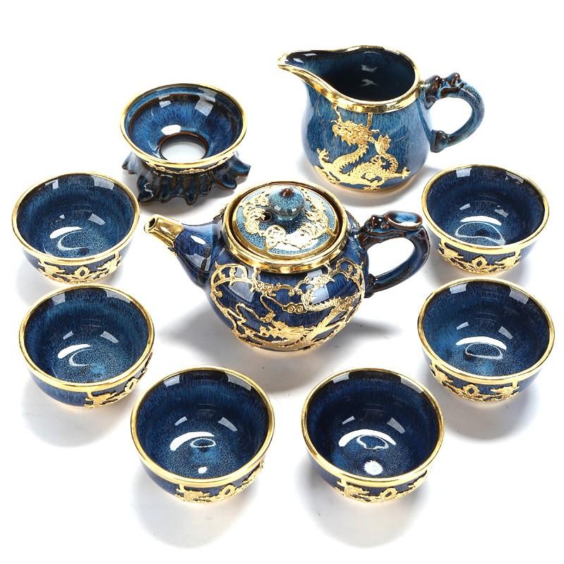 Blue Glaze Porcelain Inlaid With Gold Dragon Traditional Chinese Ceremony Tea Set Blue Glaze Porcelain Inlaid With Gold Dragon Traditional Chinese Ceremony Tea Set