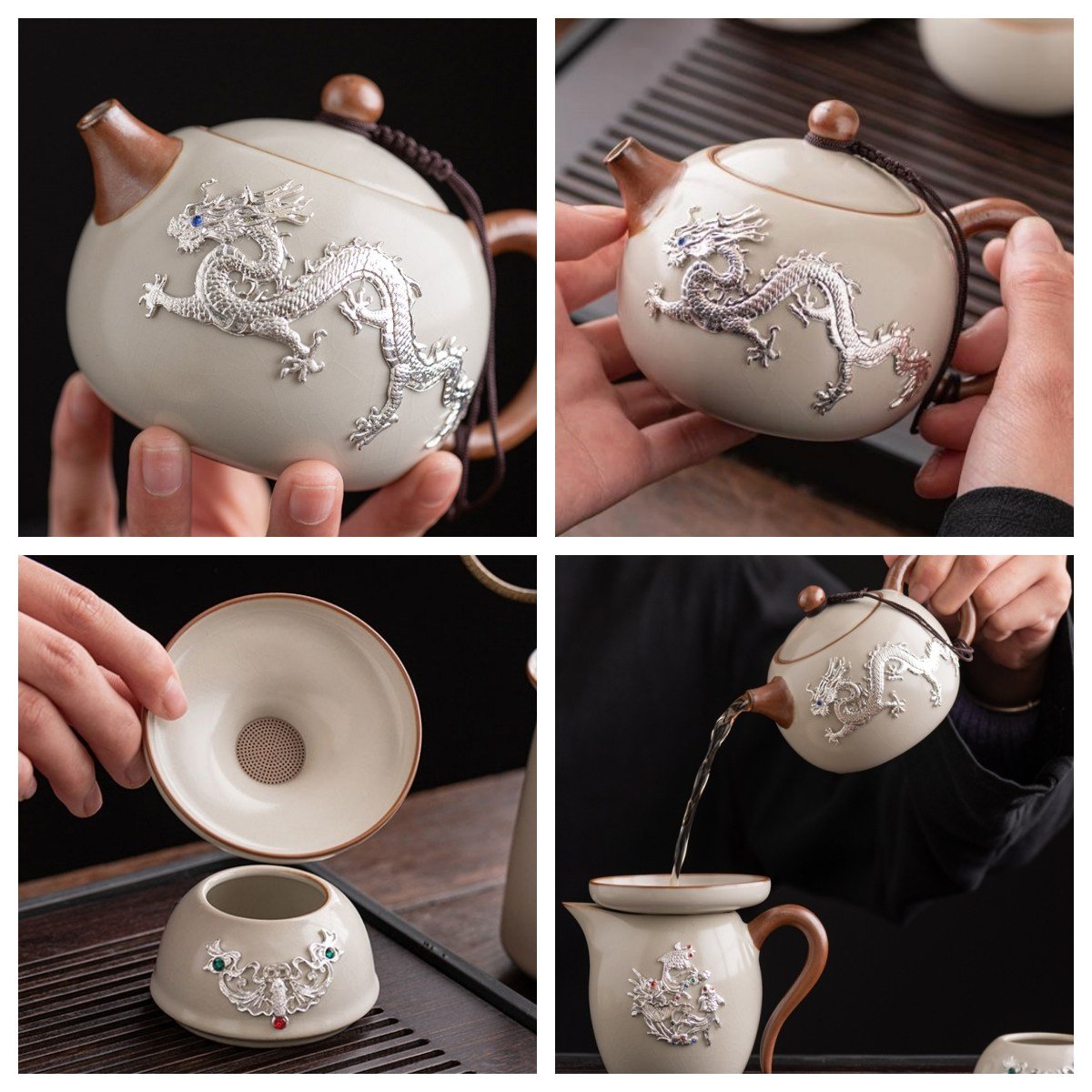 Antique Inlaid Sterling Silver Dragon Ceramic Traditional Chinese Export Tea Ceremony Set Antique Inlaid Sterling Silver Dragon Ceramic Traditional Chinese Export Tea Ceremony Set