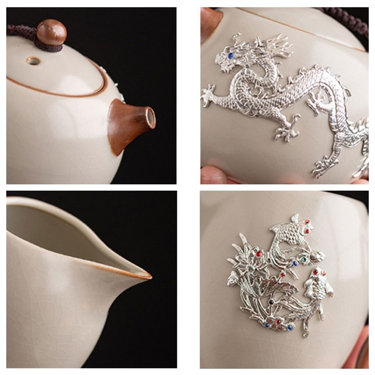 Antique Inlaid Sterling Silver Dragon Ceramic Traditional Chinese Export Tea Ceremony Set Antique Inlaid Sterling Silver Dragon Ceramic Traditional Chinese Export Tea Ceremony Set