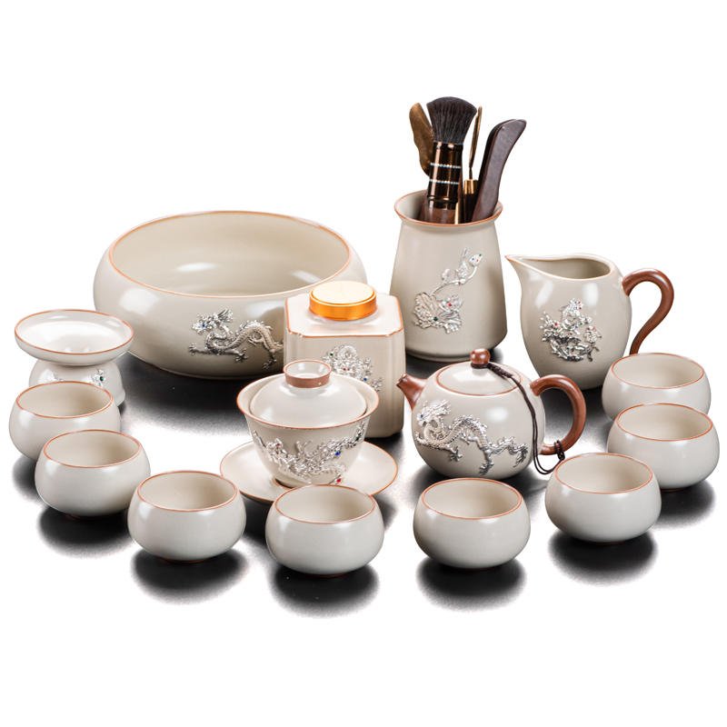 Antique Inlaid Sterling Silver Dragon Ceramic Traditional Chinese Export Tea Ceremony Set Antique Inlaid Sterling Silver Dragon Ceramic Traditional Chinese Export Tea Ceremony Set