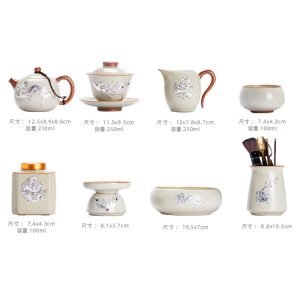 Antique Inlaid Sterling Silver Dragon Ceramic Traditional Chinese Export Tea Ceremony Set